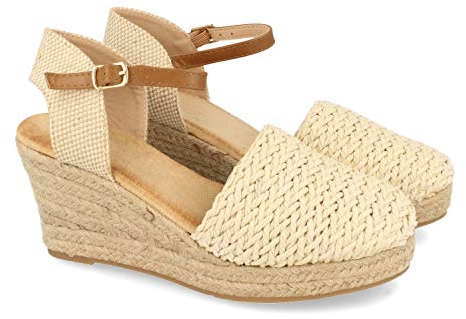Buonarotti Sandalia para Mujer con Cuna de Yute, Pala Cerrada de Rafia, Talon Abierto y Cierre de Hebilla Primavera Verano 2021. Talla 40 Beige