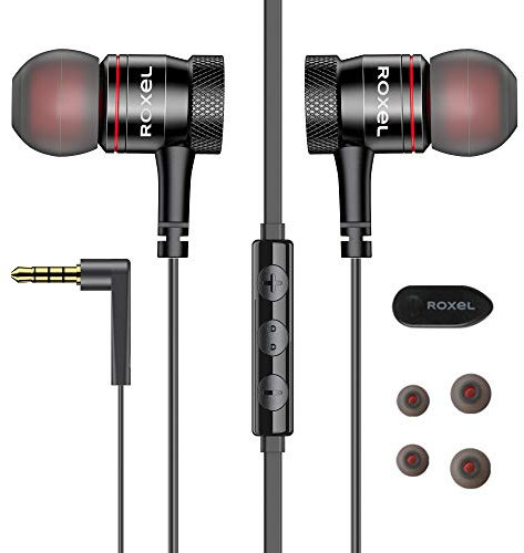 Roxel RX70 Wired In Ear Headphones with Microphone, Noise Isolating Earphones Tangle-Free Flat Cable Earbuds, Deep Bass, Compatible with iPhone, iPad, MP3 Players, Samsung, Tablets and Laptops