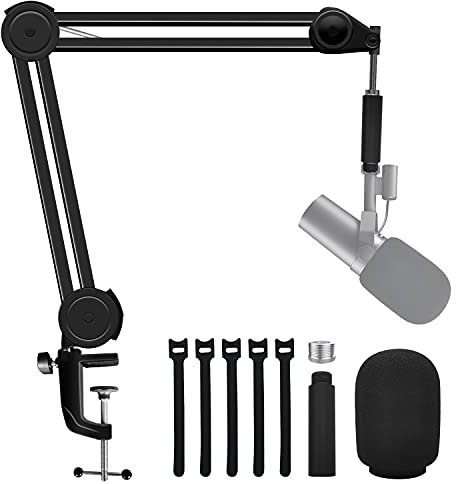 Boseen Bras de microphone avec bonnette en mousse pour SM7B, support de micro à suspension réglable avec tube d'extension et filtre anti-pop compatible avec Shure SM7B