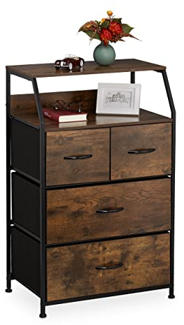 Relaxdays Kommode Industrial, HBT: 96,5 x 60 x 41,5 cm, Stoff, Metall, Holzoptik, 4 Schubladen, Sideboard, braun/schwarz