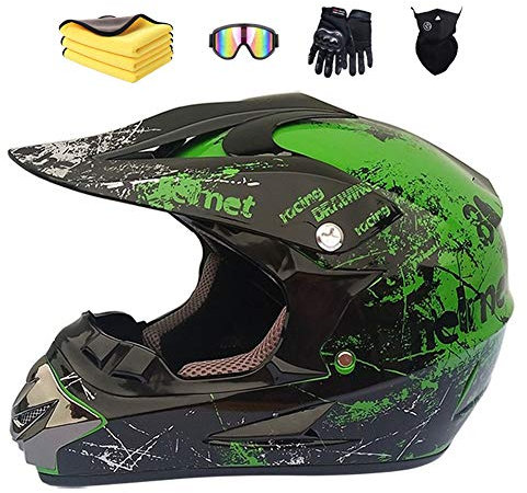 Ruiqieor Motorradhelm Kinder Cross Helme Sturzhelm Helm für Motorrad Kinderquad und Crossbike ATV Helm mit Handschuhe Maske Brille,Grün L:59-60cm