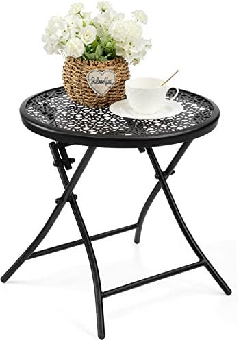 TeoKJ Zusammenklappbarer Beistelltisch für den Außenbereich, rostfrei, kleiner Terrassentisch, runder Metall-Nachttisch mit Blumenausschnitten für Veranda, Hof, Balkon, Deck, Rasen, Schwarz