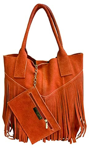 Modarno Borsa shopper da donna in vera pelle scamosciata con frangia più custodia per gioielli dello stesso colore - Borsa a mano - Borsa a spalla (Arancione)