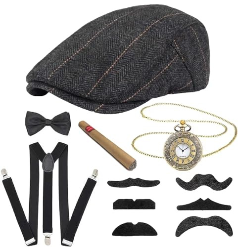 Meiruier 20er Jahre Kostüm Herren Accessoires, Mafia Kostüm Herren,Halloween Kostüm Party Herren mit Gangster Panamahut Taschenuhr Hosenträger Fliege Bärte Brille Karneval