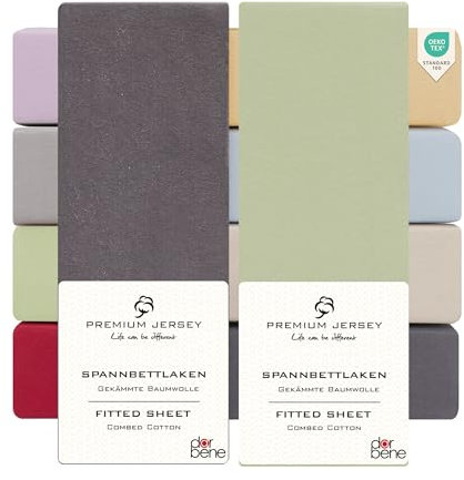 DarBene Spannbettlaken 180x200 Premium 2er Set Color-Mix, Jersey 100% gekämmte Premium Baumwolle, atmungsaktiv, superweiches Bettlaken bis 30 cm Matratzenhöhe, Oeko-TEX, Anthrazit & Apfelgrün