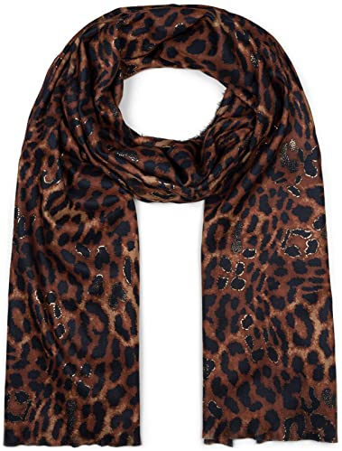 styleBREAKER Damen Schal mit Leoparden Animal Print Muster und Metallic Details, warme Winter Stola mehrfarbig 01017152, Farbe:Cognac-Schwarz