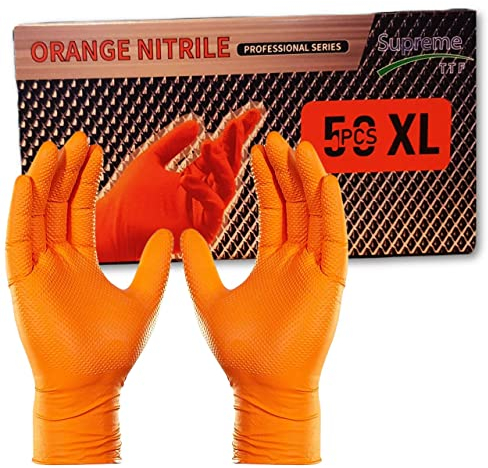 Supreme TTF Extra Strong 8.0 mil Thickness Orange HD Nitrile Powder Free & Latex Free Diamond Grip Gloves Box of 50 Gloves (Orange, XL (Size 10))