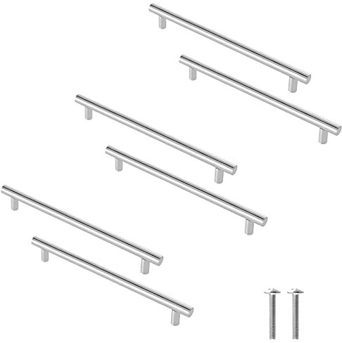 Cjueiom 6 Pack Nickel Handles - 128mm Cupboard and Wardrobe Pulls, 200mm Length Stainless Steel Drawer Handles for Bedroom and Kitchen Cabinets