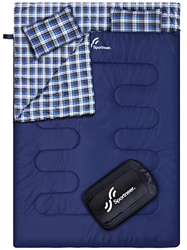 Schlafsack Winter Winterschlafsack Outdoor: Sportneer Schlafsäcke 2 Personen Doppelschlafsack 220x150cm, 2.75kg mit 2 Kissen, Vier Doppel Zippern, Erwachsene Deckenschlafsack für Familie, Blau