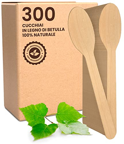 300 Cucchiai Ecologici in Legno di Betulla Monouso 100% Naturali Biodegradabili e Compostabili Posate Usa e Getta