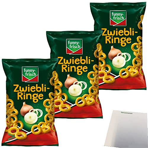 Funny Frisch Zwiebliringe geoldgelbe Maisringe mit herzhaftem Zwiebelgeschmack 3er Pack (3X80g Tüte) + usy Block