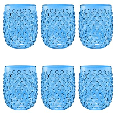 TarHong Hobnail Premium Plastic Drinkware Stemless Tumbler/Wine, 15 Ounce, Blue, Set of 6