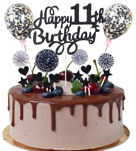 Happy 11th Birthday Tortendeko 11 jahre junge mädchen Kuchendeko 11. Geburtstag Schwarz Tortendeko 11. Geburtstag junge Tortendeko Schwarz Mit Herz Stern Ballon Glitter Cake Topper für 11 Geburtstag