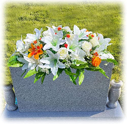 GRPFS Grabstein-Blumensattel, Seide, künstliche Friedhofsblumen für Grab, realistische weiße Lilie & Rose, Blumenarrangement für Outdoor-Gedenkdekorationen, groß und einfach anzupassen