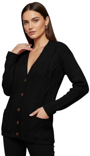 LUXFAB Womens Long Sleeve Button Top Cardigan Chunky Aran Cable Knit Grandad Style Sweater Everyday Casual Warm Knitted Ladies Cardigan UK Sizes 8-26