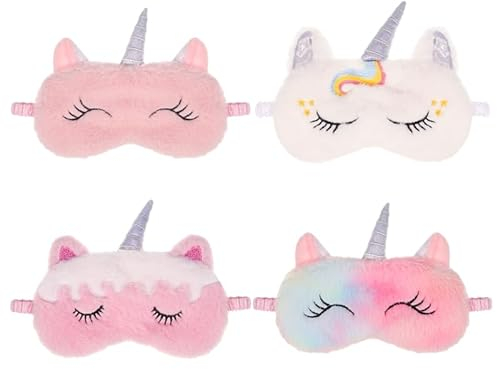 Firtink 4 Stück Schlafmaske Kinder Mädchen, Schlafmaske Kinder Junge, Schlafmaske Einhorn Schlafmaske Lustig Plüsch Augenmaske Augenmaske Kinder