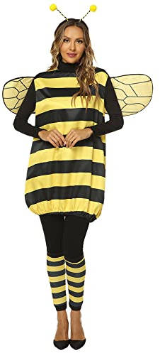 Yoisdtxc Women Halloween Costume Cosplay Set Bee Dress with Wings Headband Leg Sleeves Party Cosplay Fancy Dress