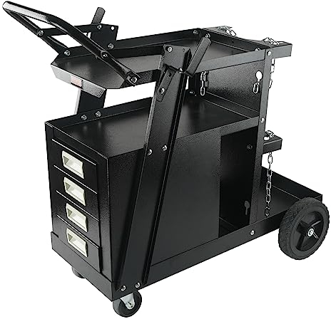VEVOR Schweißwagen 2 Ablageflächen mit 4 Schubladen Schweißmobil Max. 100-120kg Wagen für Schweßgeräte mit 2 Gasflaschenhalterung Ideal für Handschweißen Schutzgasschweißen Argon-Lichtbogenschweißen