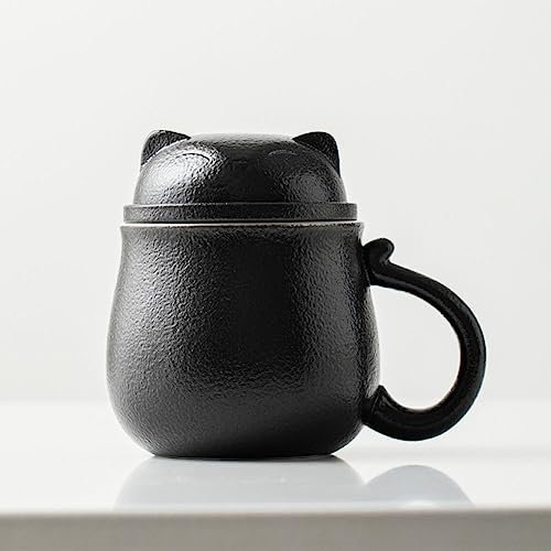 XIUWOUG Tazza da tè in Ceramica a Forma di Gatto Tazza da tè in Ceramica con Coperchio e infusore Tazza da tè Tazza da caffè,Black a