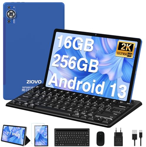 ZIOVO 2025 Neueste Tablet 11 Zoll 16GB RAM+256GB ROM/TF 1TB, Android 13 Tablet PC mit Octa-Core 2.0 GHz, 8600mAh, FHD 2000 * 1200, 5+13+2MP, 5G WLAN, BT 5.0, Widget, AGPS mit Maus+Tastatur-Blau