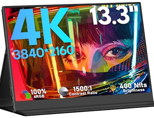 KEEPTIME Monitor portátil 4K de 13.3 Pulgadas 3840 x 2160 UHD USB-C HDMI Monitor de Laptop, 100% sRGB IPS Pantalla de Juegos HDR Monitor de Viaje con Altavoces para Laptop, Xbox, PS5, Switch, PC y