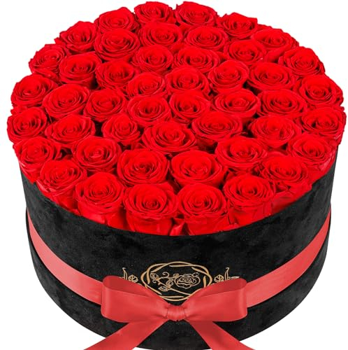 47 Blumen in einer luxuriösen Wildlederbox, Geburtstagsgeschenke für Frauen, konservierte Blumen, Muttertagsrosen Geschenk für Mama, Rot