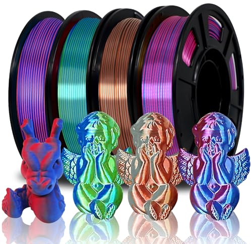 Filament Eono PLA 4 X 250g Packung, Dual Zweifarbiges PLA Filament 1.75mm, Mehrfarbiges PLA für 3D Drucker, 4 x 250g Spulen Matt Rot/Blau, Silk Silber/Kupfer, Silk Rosa/Blau, Silk Blau2/Grün