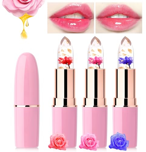 Likesing 3 Stück Lippenstift Set Blumen Temperaturempfindlicher Faebverändernder Pink Magic Lip Farbwechselnder Lippenstift Crystal Jelly Flower Color Changing Lipstick Lip Balm Geschenk Mädchen