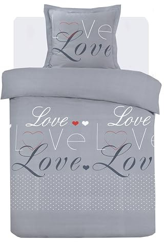 Vision - Parure de lit Love - 100% Coton - Gris - Set de Housse de Couette 140 x 200 cm avec 1 taie d'oreiller pour lit 1 Personne - Oekotex