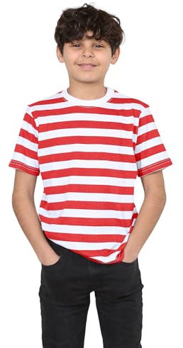 Grunge Wear® Children’s Kids Unisex Striped T-Shirt - Boys Girls Crew Neck Short Sleeve Red White Stripes School Book Week Casual Summer Cotton Tee Top (13 Years)