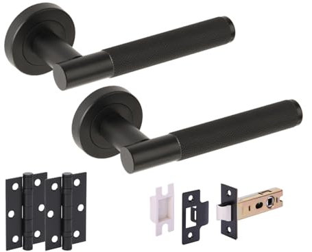 Hunta HANDLEZONE® Evo Knurled Grip Internal Door Handle Pack, Complete with Lever Handles, 76mm Latch, 75mm Ball Bearing Hinges - Black Matt