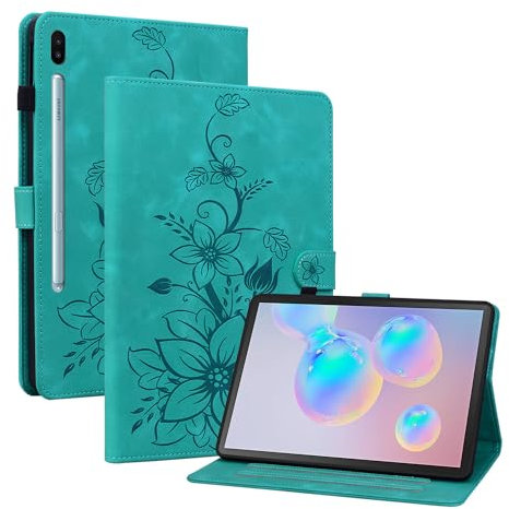 Rosbtib Coque pour Samsung Galaxy Tab S6 10.5 Pouces (SM-T860/ T865) 2019, Multi-Angles de Visualisation Housse de Protection en Similicuir avec Porte-Carte Couverture Motif Lys, Vert