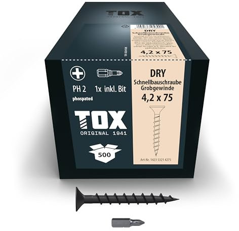 TOX Schnellbauschrauben DRY GG 4,2 x 75 mm, Schrauben schwarz phosphatiert mit Trompetenkopf + Grobgewinde, Gipskartonplatte auf Holz-Unterkonstruktion, PH2, 500 Stück, inkl. 1x Bit, 142353214275