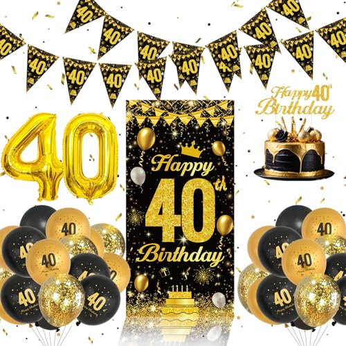 40 Geburtstag Dekoration Set - Schwarz Und Gold Ballons Geburtstag Männer Frauen, 40 Happy Birthday Banner, 40 Happy Birthday Tortendeko, Luftballon 40 Für Party Deko