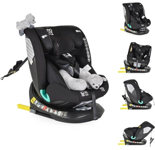Moni Kindersitz Serengeti i-Size (40-150cm) Isofix, Kuscheltier, Nackenkissen, Farbe:schwarz