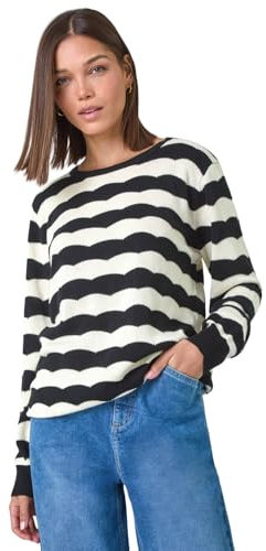 Roman Originals Women Stripe Print Jumper Ladies Winter Autumn Knit Knitted Sweater Embroidered Knitwear Casual Smart Round Crew Neck Pull Over Everyday Going Out Party - Black - Size 14