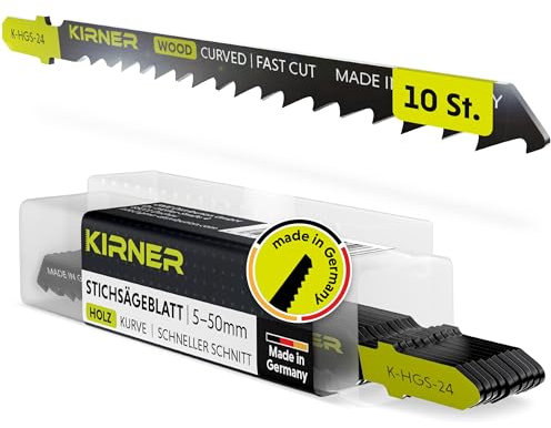 KIRNER Stichsägeblätter Holz 10 Stk [ bis zu 5x mehr Schnitte ] extrem schneller & grober Kurvenschnitt (5-50mm) in Holz & Kunststoff - für alle T-Schaft-Stichsägen - Stichsägeblatt Kurvenschnitt