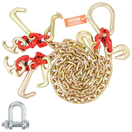 VEVOR G80 V Bridle Chain, 5/16 x 3' Towing Chain Bridle with R Hooks, T Hooks, J Hooks and Grab Hooks, Transport Tow Chain Bridle with 10800 lbs Safe Working Load for Flatbed Truck Wrecker Recovery