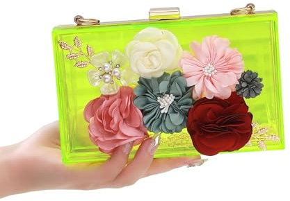 TYNXK Blume Abendtasche Vintage, modische Umhängetasche for Damen, luxuriöse Blumen-Handtasche, Abend-Clutch, transparente Damentasche Damen-Clutch(Yellow)