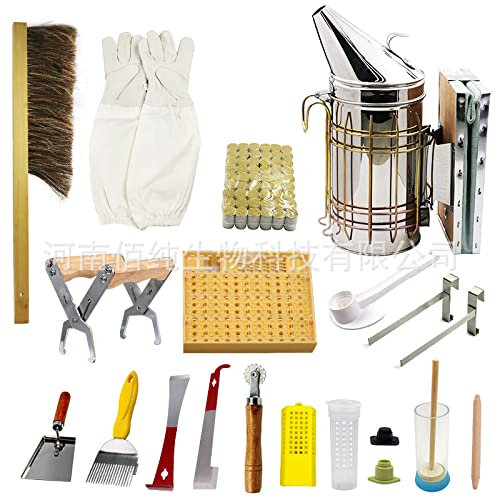 17pcs Beekeeping Tool Kit-Beekeeping Accessories-Stainless Steel Smoke Sprayer Honeycomb Frame Clamp Leather Gloves with Bee Brush
