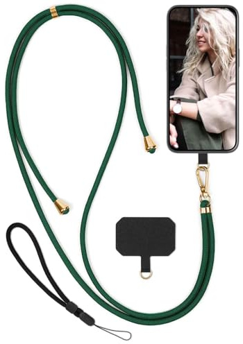 moex Unleash für Samsung Galaxy S24 FE Handyband zum Umhängen ohne Hülle, Handykette Universal mit Karabiner, Handy Band abnehmbar, Kette mit Pad für Handyhülle, Grün, Gold
