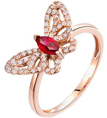 KnSam Echter Goldschmuck, Damenring 750 Rose Gold, Schmetterling Verlobungsring 0.24ct Labor Erstellt Rubin mit Diamant, Rose Gold, Gr.57 (18.1)