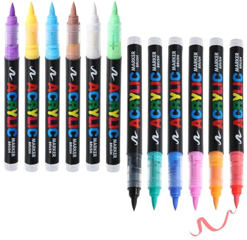 Marqueur Peinture Acrylique à l'Eau, 12 Couleurs Feutre Acrylique Stylo Pinceaux, Acrylic Paint Marker Pointes Fines 1 à 6 mm, à Séchage Rapide pour Pierre Céramique Verre Bois Métal Tissu Toile