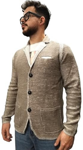 Berna Cardigan Uomo Mono Petto Misto Lana Lavorazione Intrecciata a Due Fili Colore Corda/Ecru Taglia S