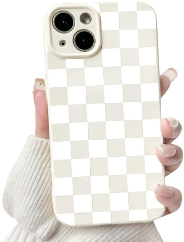 NITITOP Cover per iPhone 15 Carina con A Scacchi Design Estetico Scacchiera per Ragazze Femminile Morbida e Sottile con Protezione Fotocamera Custodia con Antiurto - Bianco