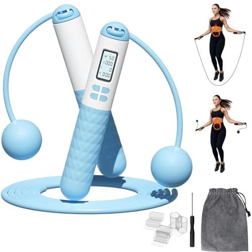 Cordless Skipping Ropes,Ropeless Skipping Rope with Counter,Smart Digital Gravity Ball Jump Rope with Extra Rope and Storage Bag,Silicone Non-slip Handle Design(Sky Color)