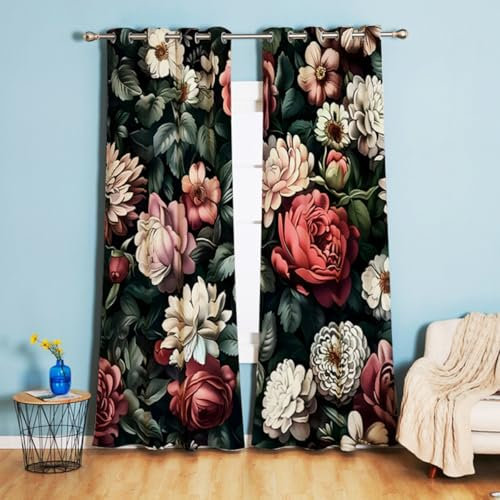 Tokusyou Blumen Gardinen Blickdicht Vorhänge mit Ösen Landhaus Vintage Pfingstrose Muster Verdunklung Dekoschal Thermovorhang Kälteschutz für Schlafzimmer Wohnzimmer 2er Set 240×132cm(H×B)