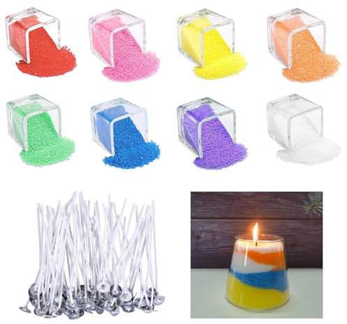 JDCMEI Kerzensand, Kerzensand mit Duft und Docht Set, Paraffinwachs für Kerzen, 240g Kerzenwachs Granulat mit 50 Dochten, 8 Farben Wachsgranulat für Kerzen, Kerzen Sand für die DIY Kerzenherstellung