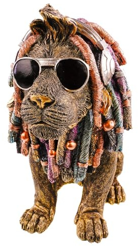 Kremers Schatzkiste XXL Löwe Gold 37 cm Rasta Mähne Sonnenbrille Kopfhörer Figur Handbemalte Polyresin Skulptur Deko Statue Wohnzimmer Reggae Musik Fan Geschenk