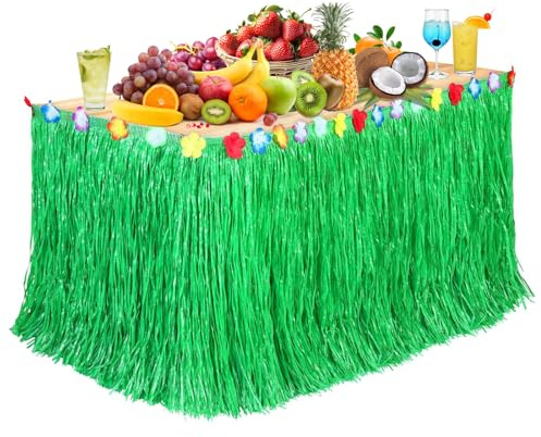 Hawaii Party Tischröcke, Blume Gras Tischrock 270 x 75cm Party Dekoration, Sommertischrock Partytischrock für Sommer Beach Garden Poolparty Luau party Outdoor Strandparty (Grün)